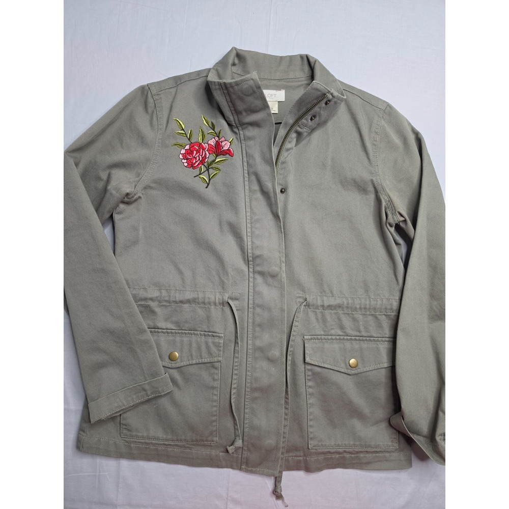 Loft Outlet Jacket Women Small Gray 100% Cotton Floral Embroidery Snap Full Zip